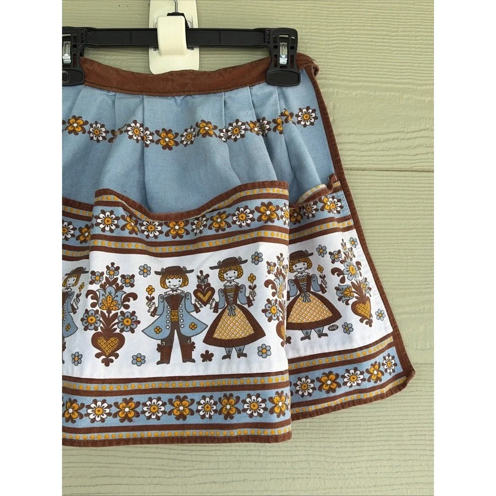 Made in Austria Bavarian Folk Art Blue/Brown Floral Half Apron Pockets Tie Waist